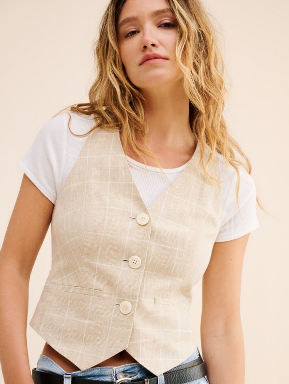 Madewell Glen Plaid Linen Cutaway‎ Vest Top Neutral Beige And White Women's 14